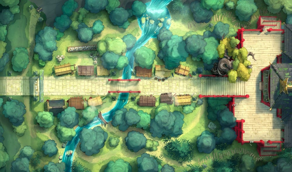Top-down battlemap of an East-Asian-inspired red-trimmed shrine at the end of a long stone path. Market stalls line the path on either side as it crosses a narrow river, surrounded by dense green forest.
