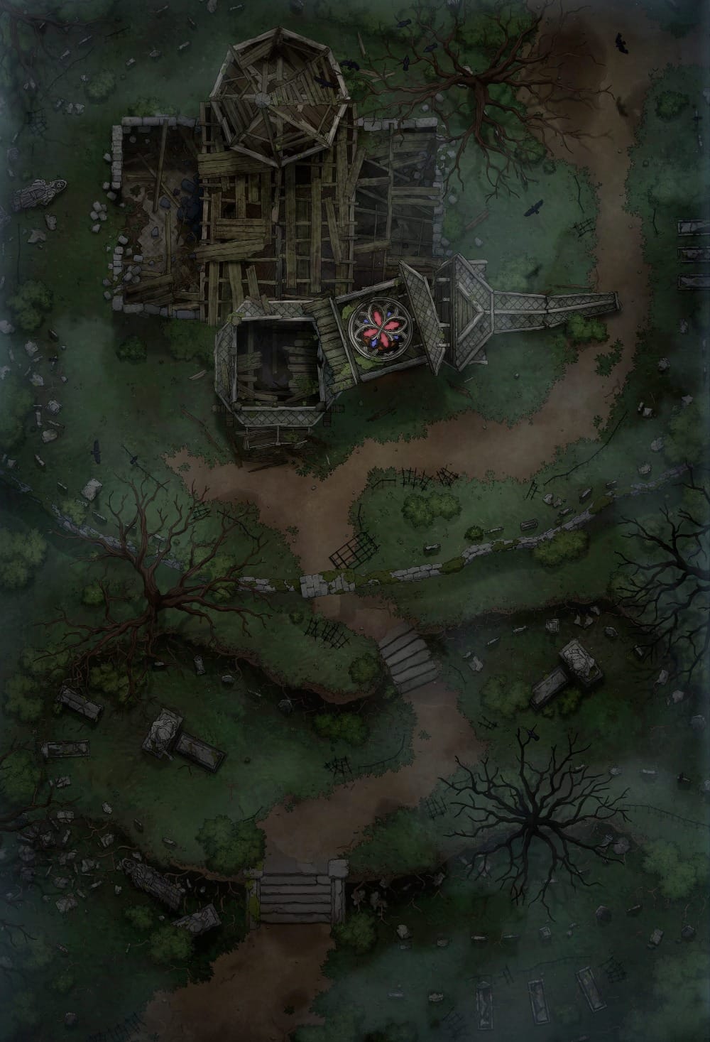 Top-down battlemap of a collapsing chapel ruin surrounded by overgrown gardens and withered trees. A winding wood path leads uphill to the crumbling structure, where the roof has caved in, and a piece of the fallen bell tower lies broken on the ground nearby, its face still bearing a glowing red insignia.