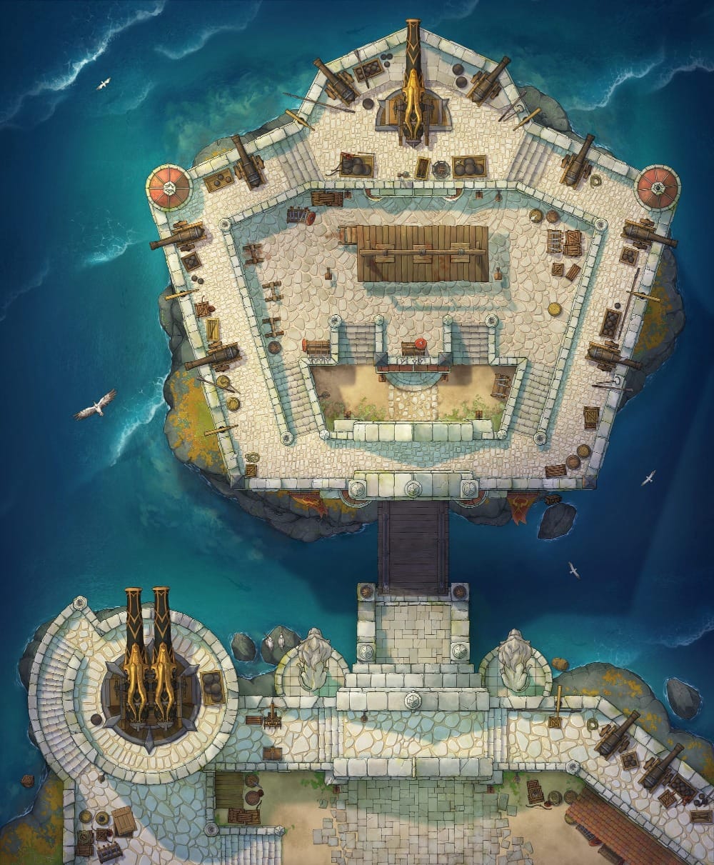 Top-down battlemap of a white stone fortress. Its main structure is connected by a narrow bridge to a smaller offshoot outpost across the water. A mix of small defense cannons and larger siege cannons line the walls, with supply crates and barrels scattered throughout the courtyard.