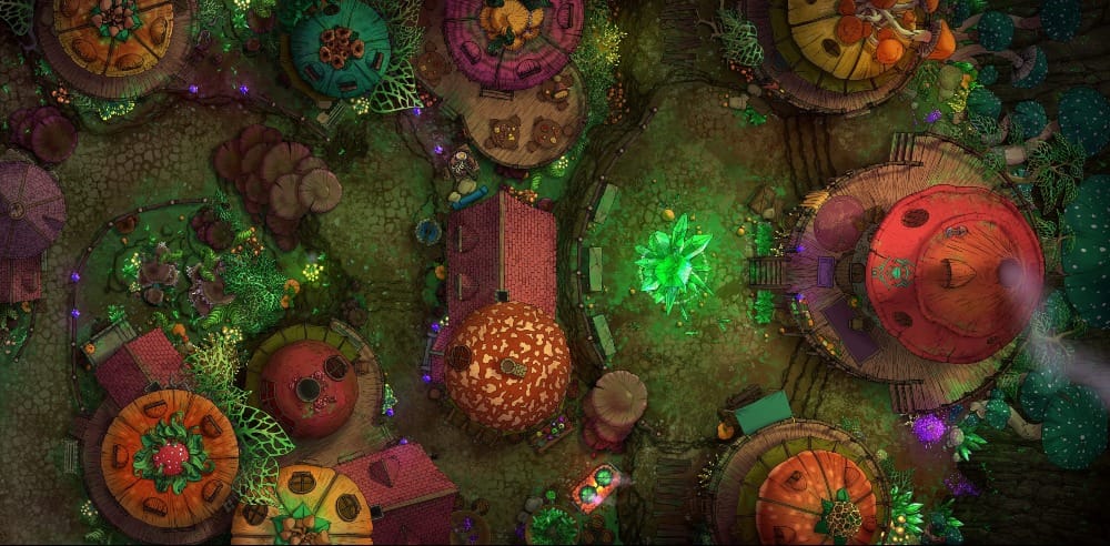 Top-down battlemap of a village comprised entirely of houses built from huge mushrooms. Round mushroom cap roofs of orange, pink, green, and yellow cluster along dirt paths, lit by bioluminescent fungi. In the village square is a mass of glowing green crystals.