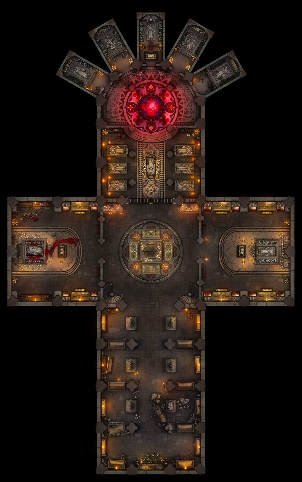 Top-down battlemap of a cross-shaped catacombs complex. Offshoot rooms hold tombs and statues. On the far left, one large ritual chamber contains a sacrificial altar where several bodies lie bleeding into an eerie red ritual circle.