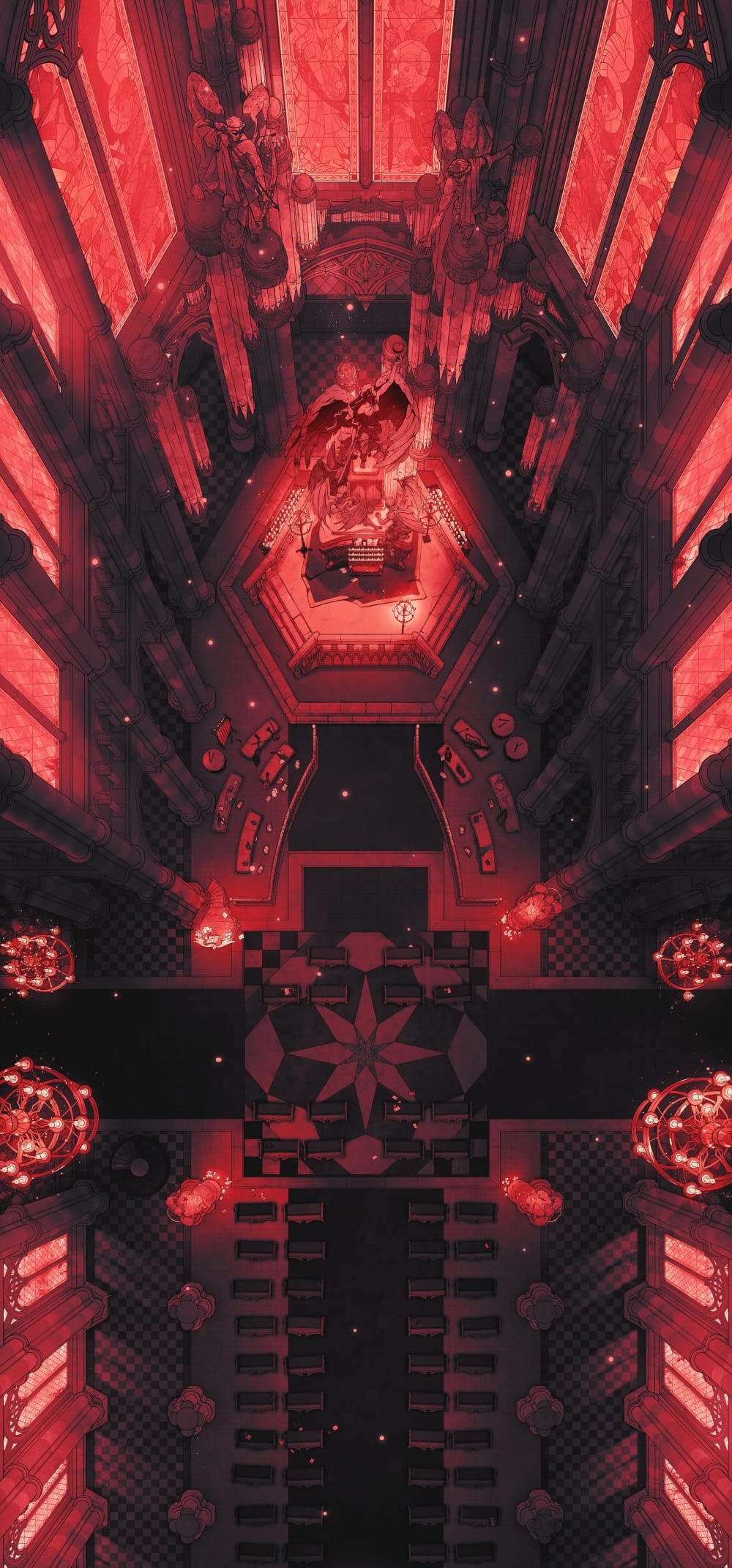  Top-down battlemap of a grand, majestic cathedral nave bathed in crimson light flowing in from the stained glass windows and candlelit chandeliers overhead. Ornate stone columns line the walls. A central aisle of pews leads down to a statue of a winged figure.