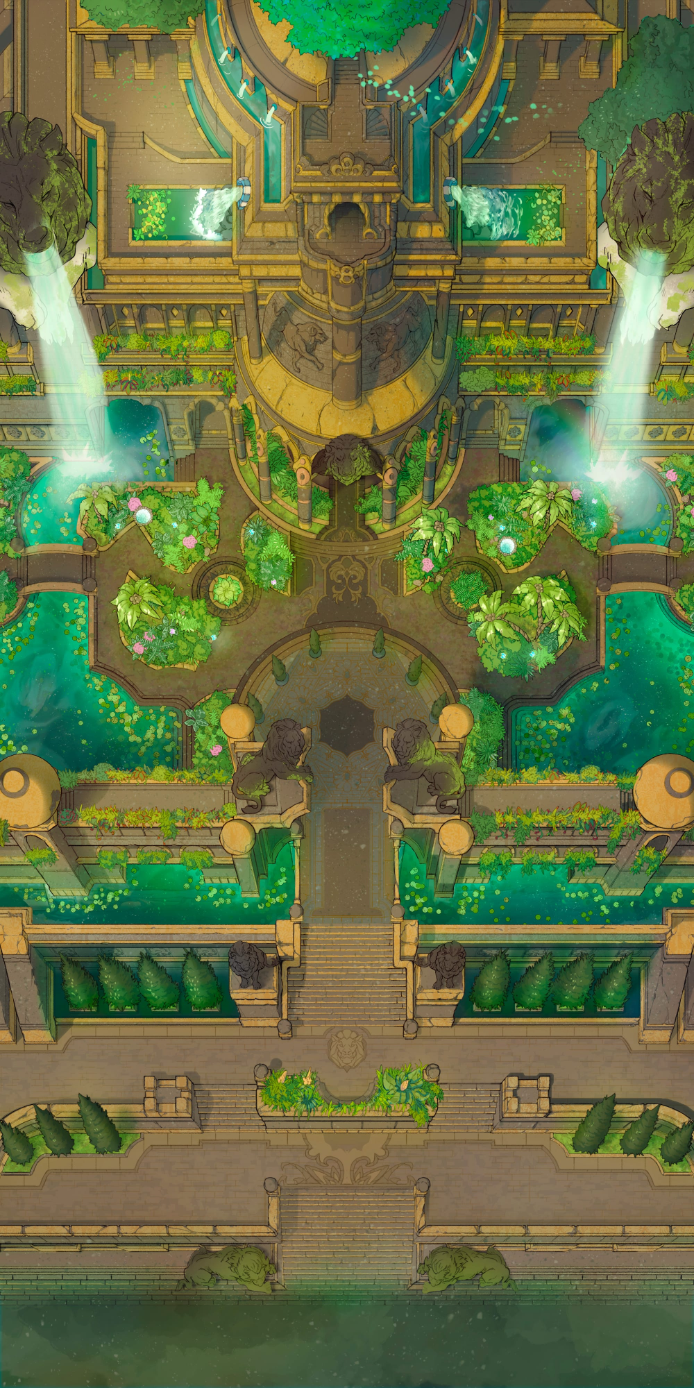 Top-down battlemap of an elaborate garden complex with stone walkways, fountains, flowing water channels, and terraced garden beds lined with trees and shrubs. The architecture is ornate, and lined with gold.