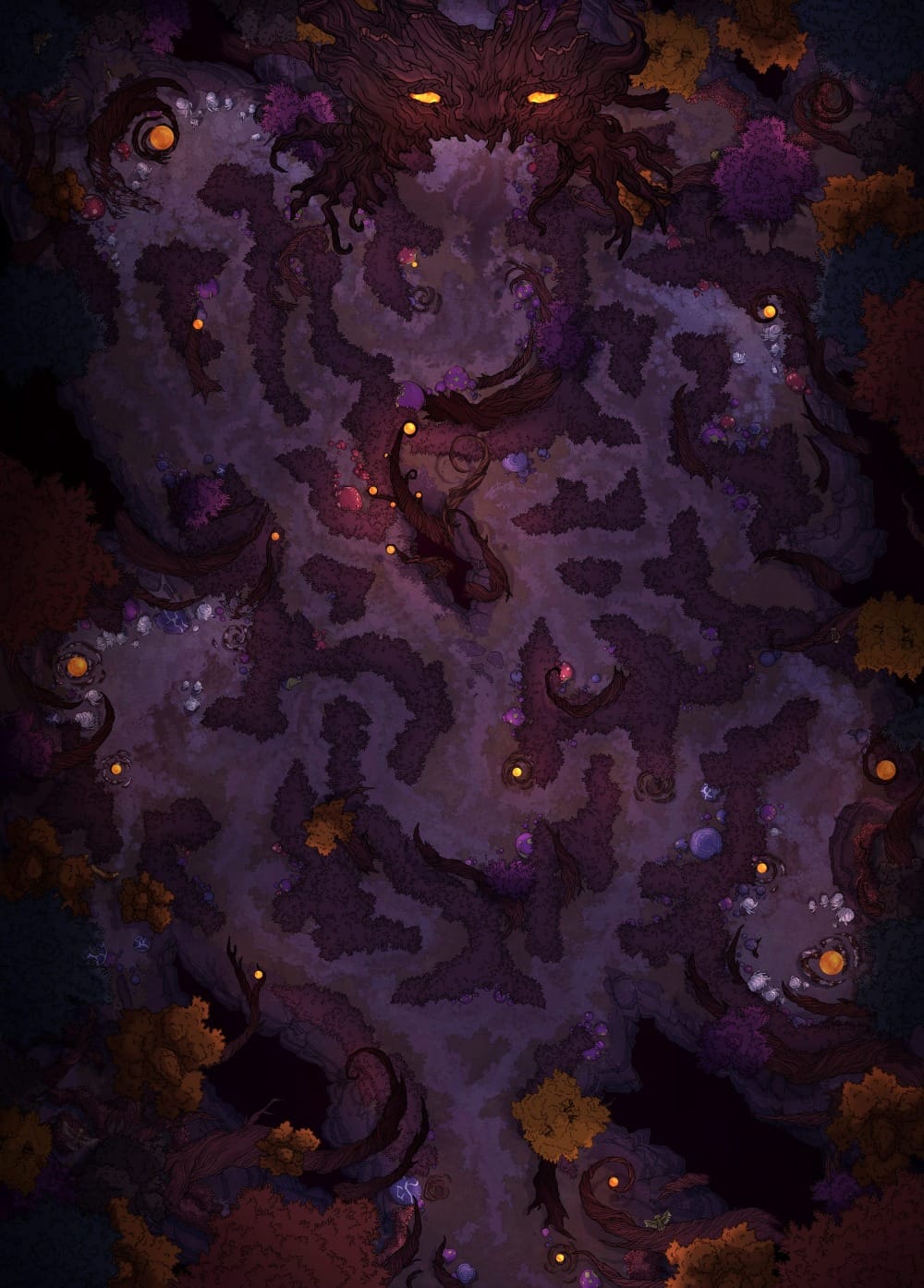 Top-down battlemap of a sprawling hedge maze with twisting purple pathways, lit by scattered glowing orange lights and lined with gnarled roots. The maze winds toward a massive living tree with a face and eyes at its center, paths converging into the wide hollow opening of its mouth.