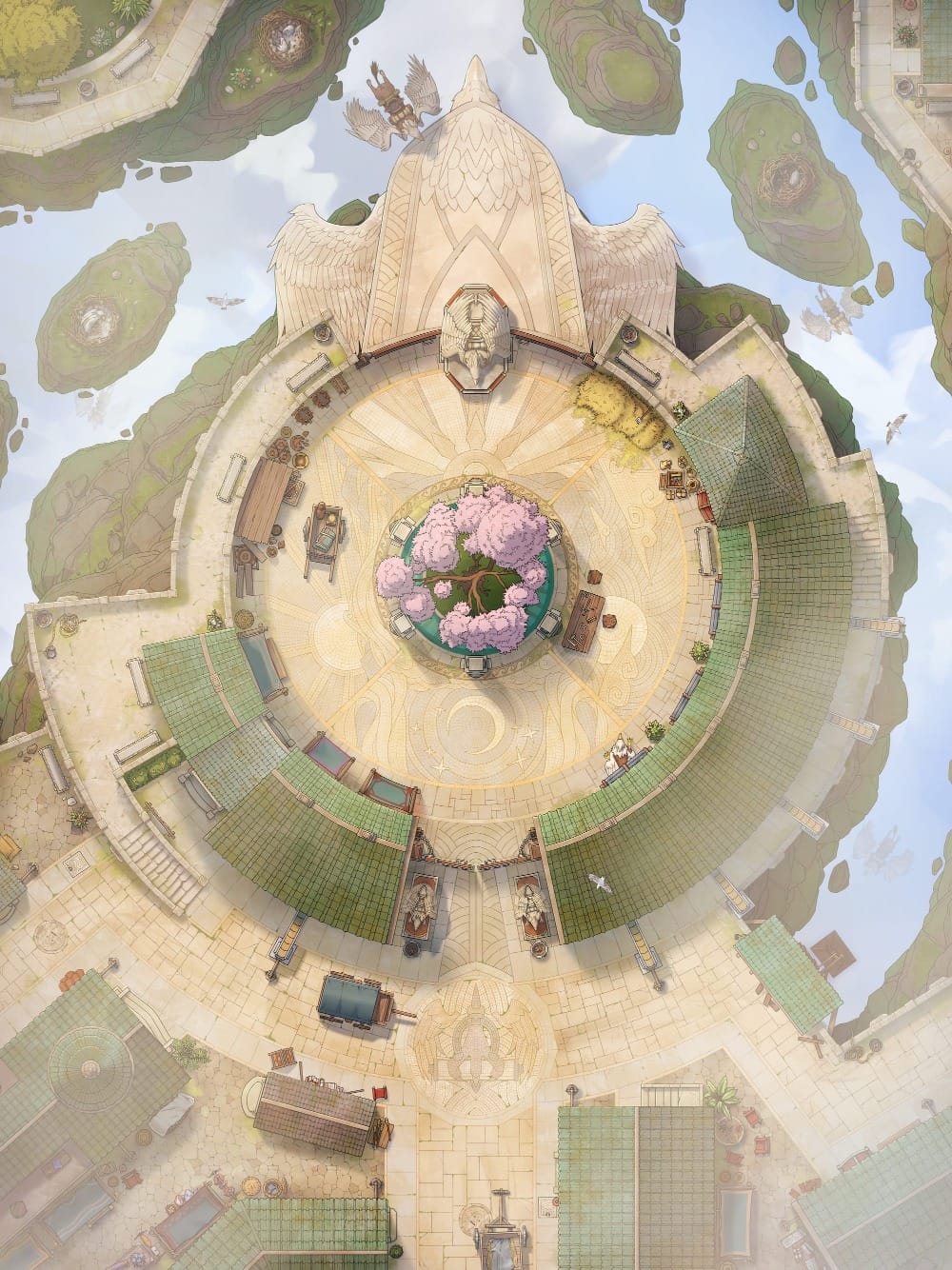 Top-down battlemap of a circular courtyard built around a pink cherry blossom tree, with a stone statue of a hippogriff standing watch over a landing pad carved with feather motifs. Stables, troughs, and hay bales ring the courtyard, while hippogriffs soar overhead. Floating islands drift in the background, some carrying nests and eggs.