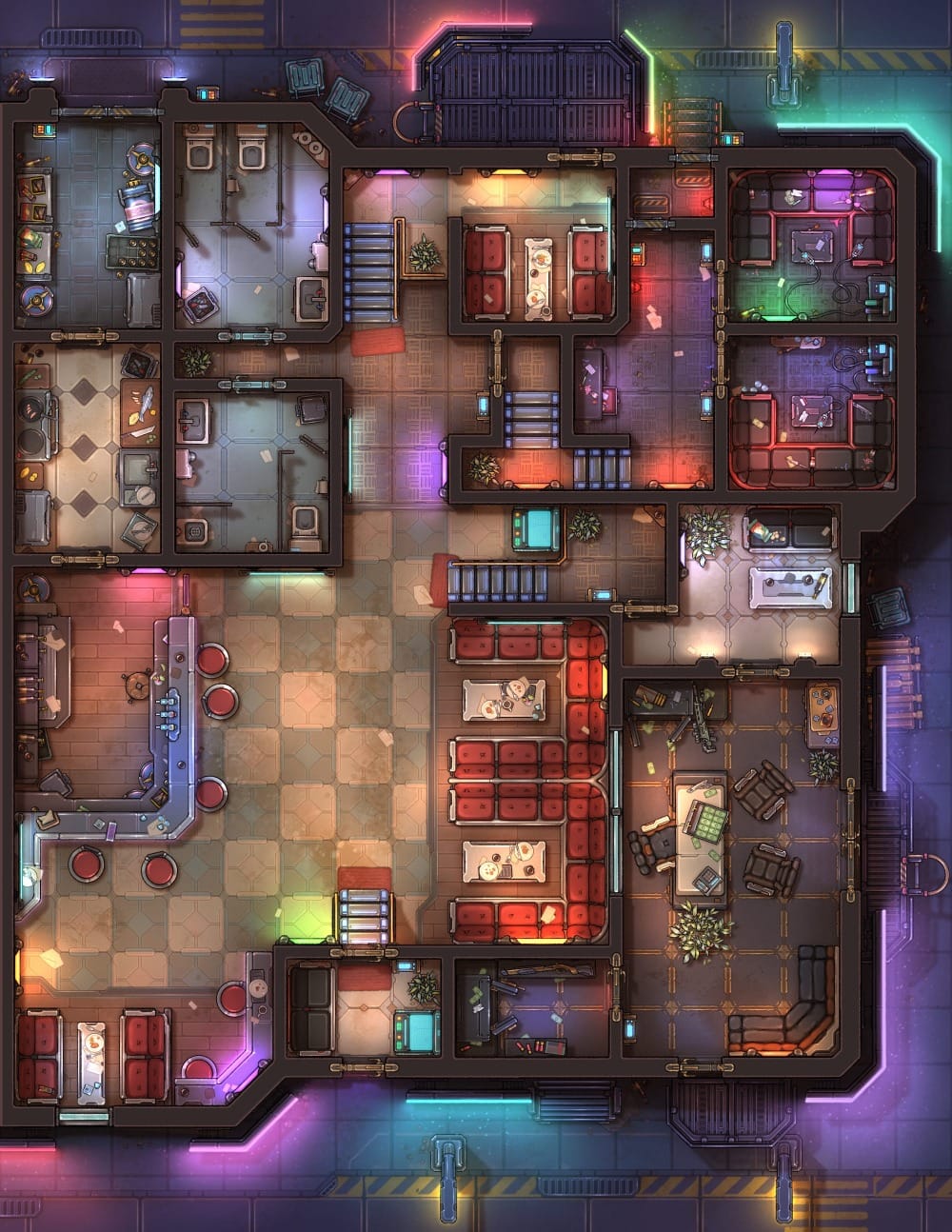 Top-down battlemap of a neon-lit, industrial-style bar with red vinyl booth seating and checkered tile flooring in the main lounge. Surrounding rooms include a kitchen, storage room, and a private back room hinting at a clandestine deal with briefcases stacked with cash.