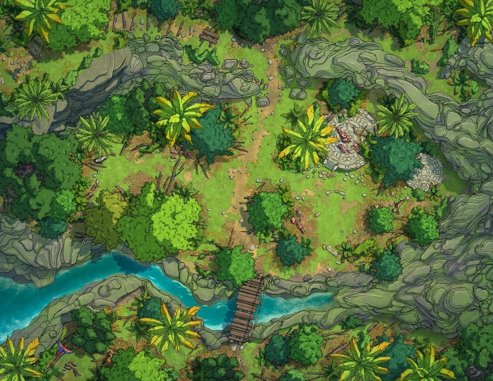 Top-down battlemap of dense, rocky jungle terrain. A river cuts through the foliage, with a rope-bridge crossing over it. A small camp is built atop some circular stone ruins.