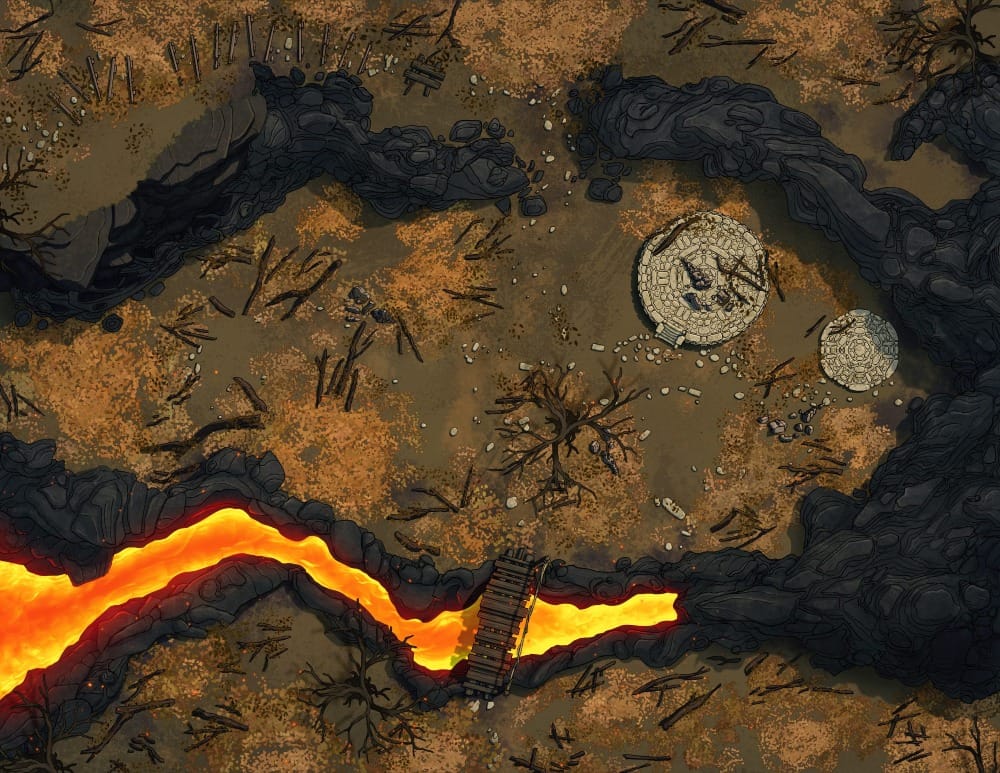 Top-down battlemap of an ashen, blighted wasteland with a glowing orange lava flow cutting through the terrain in channels of black rock, crossed by a wooden bridge. The land is dotted with scattered ruins and debris.