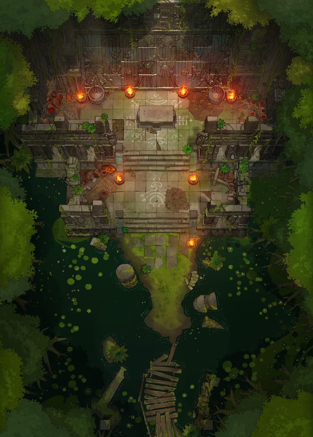 Top-down battlemap of an ancient stone temple complex within a lush, overgrown jungle. Weathered stone courtyards are lit by sconces. Dark, lily-pad-filled waters lap at the ruins. A stone altar sits in front of the closed temple entrance.