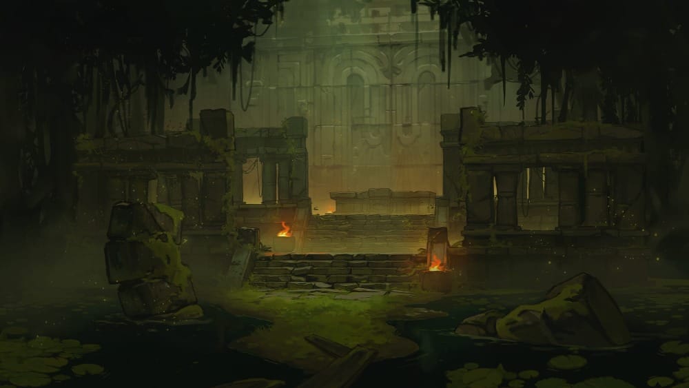 An illustrated scene of a crumbling jungle temple entrance, framed by foliage and hanging vines. Lit torches frame a stone staircase leading up to a stone altar.