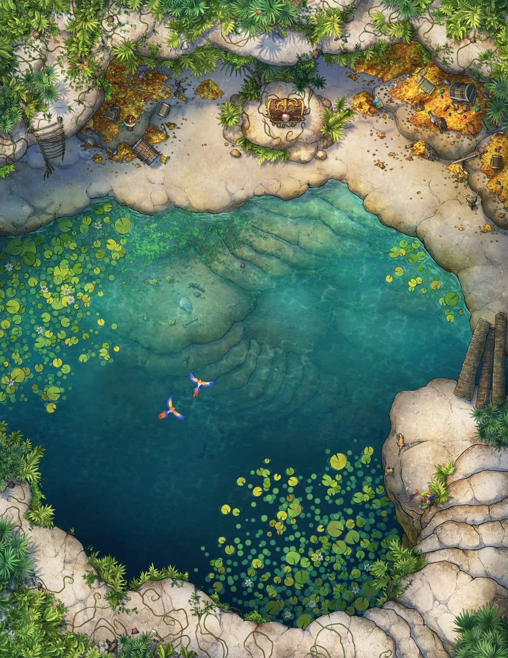 Top-down battlemap of a jungle clearing with a large lily pad-ringed rock pool. Coins and treasures are scattered among the rocks, and one single chest sits apart from the other treasures on a large rock.