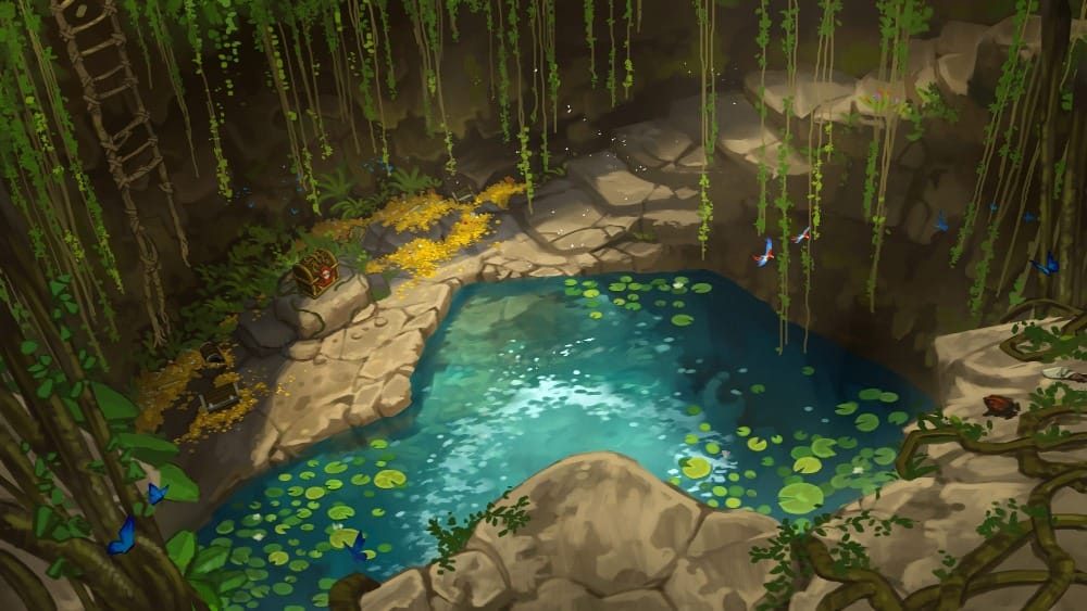 A jungle rock pool in dappled afternoon light, ringed with lily pads and framed by vines. A rope ladder leads down to hoards of treasure, and a single chest that sits on a large rock.