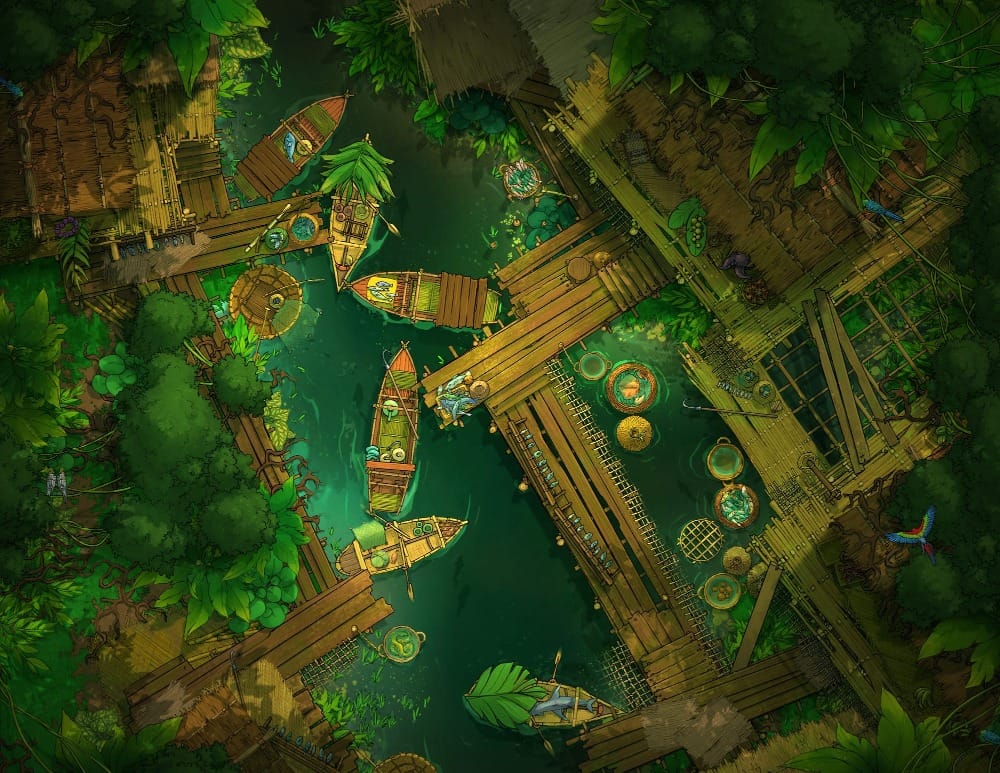 Top-down battlemap of a small jungle settlement built along a wide river. Wooden docks extend over the green water where small boats and floating fish baskets are moored amidst dense tropical vegetation.