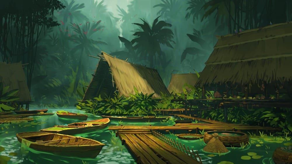 A painterly illustrated scene of a quiet jungle village at a water’s edge. Thatched structures and wooden walkways float above green water, alongside small wooden boats and fishing baskets.