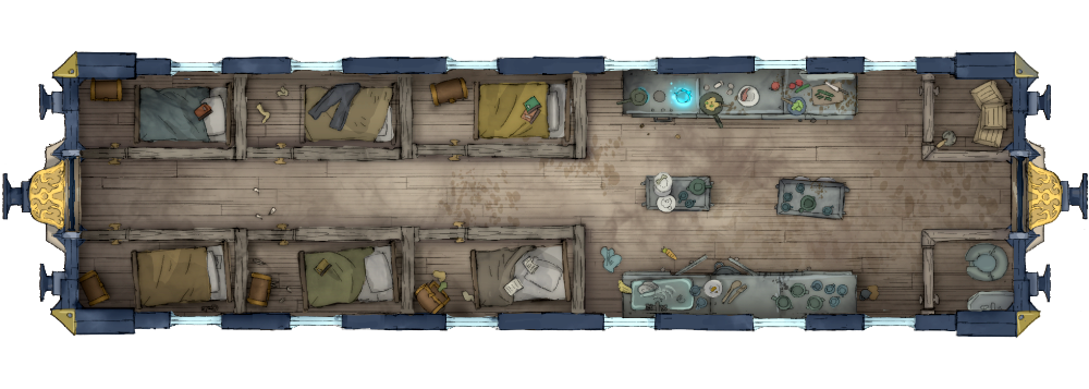 Top-down battlemap of a train car interior with rows of small bedrooms along either wall. A central dining and cooking area holds a stove, cluttered cookware, and tables set with food and drink.