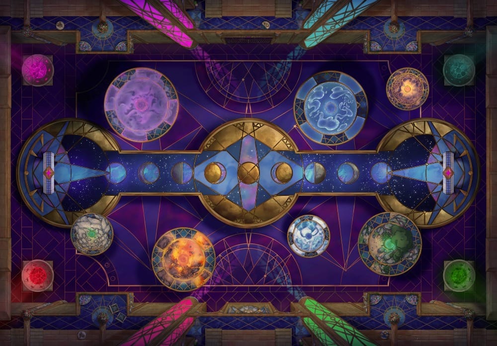 Top-down battlemap of a rectangular arena split into two mirrored halves, with celestial and moon-phase motifs inlaid across the floor. Gold trim lines a deep purple carpet, and several floating platforms in different colors hover over the arena.