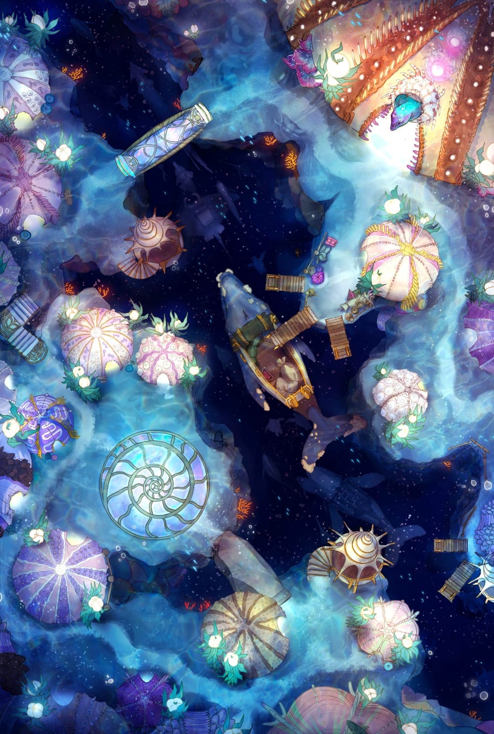 Top-down battlemap of an underwater merfolk settlement built along an oceanic ravine. The buildings are made from giant shells and coral formations and are lit up by bioluminescent plant life. Whales fitted with seating ferry residents through the settlement.