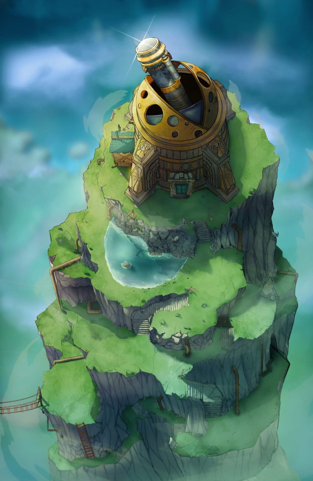 Top-down battlemap of a domed observatory perched atop a tiered cliffside island. Rope bridges, wooden stairways, and ladders connect the several descending grassy terraces. Mist drifts around the cliff edges below.
