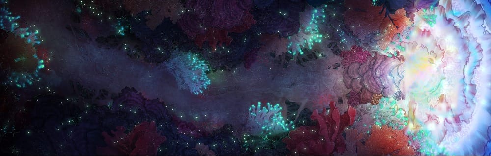 Top-down battlemap of a bioluminescent underground cavern. Glowing fungi dots the dark stone tunnel walls, leading to a massive cluster of luminous fungi and lichen blooming outward in overlapping clusters of glowing light.