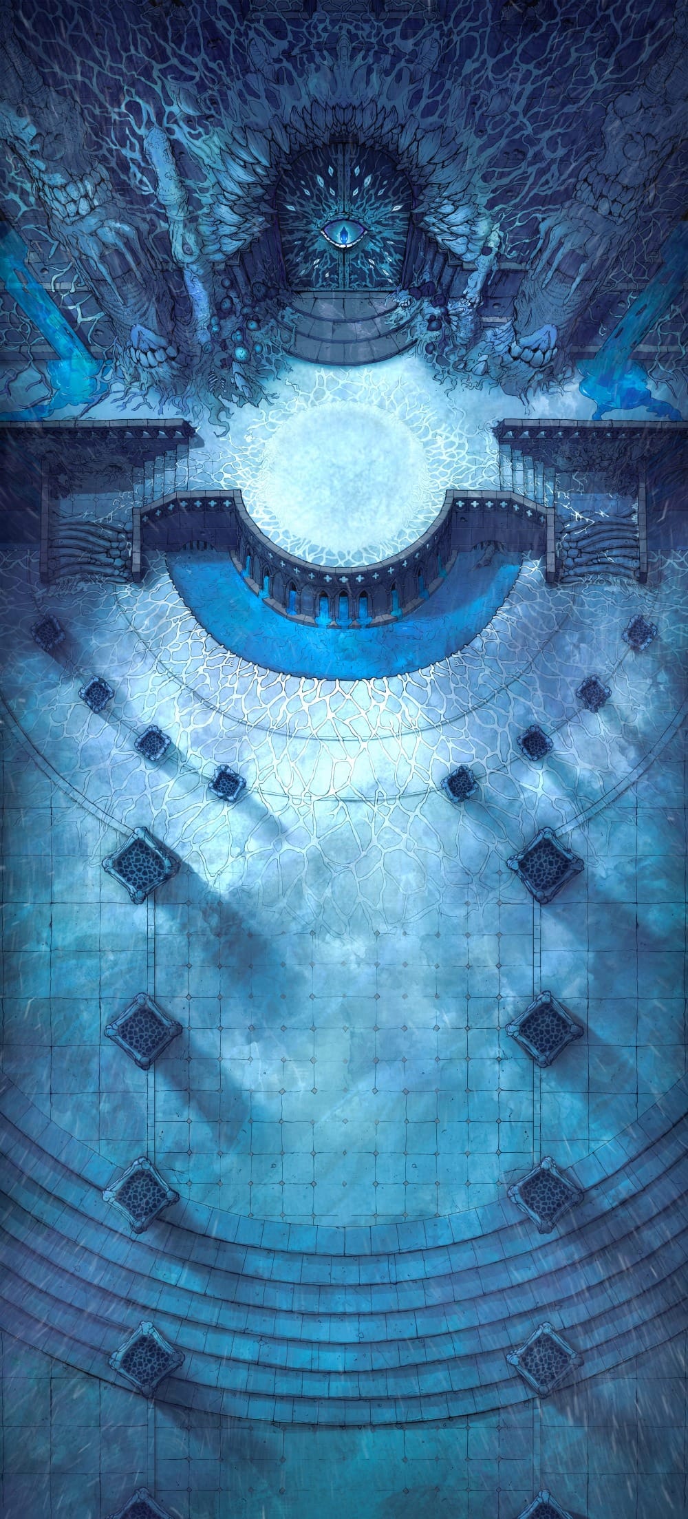 Top-down battlemap of a vast icy courtyard ringed with stone pillars, stairs leading toward a raised platform. Fibrous, veining material stretches across the surrounding walls, framing a massive door set with a single glowing blue eye.