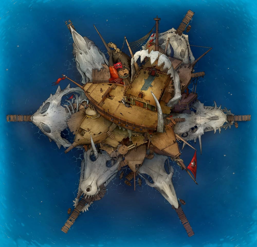 Top-down battlemap of a fortress made of a cluster of broken galleons. The structure is anchored by six enormous sea-creature skulls, with docks extending from each open jaw. Red pirate flags adorn the fortress.