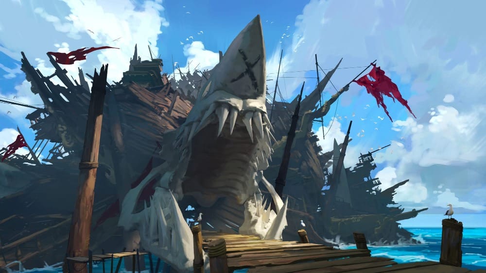 An illustrated scene of a stronghold built out of several broken galleon shipwrecks, stacked atop a colossal shark-like skull. Its open jaw frames a wooden dock extending from within it.