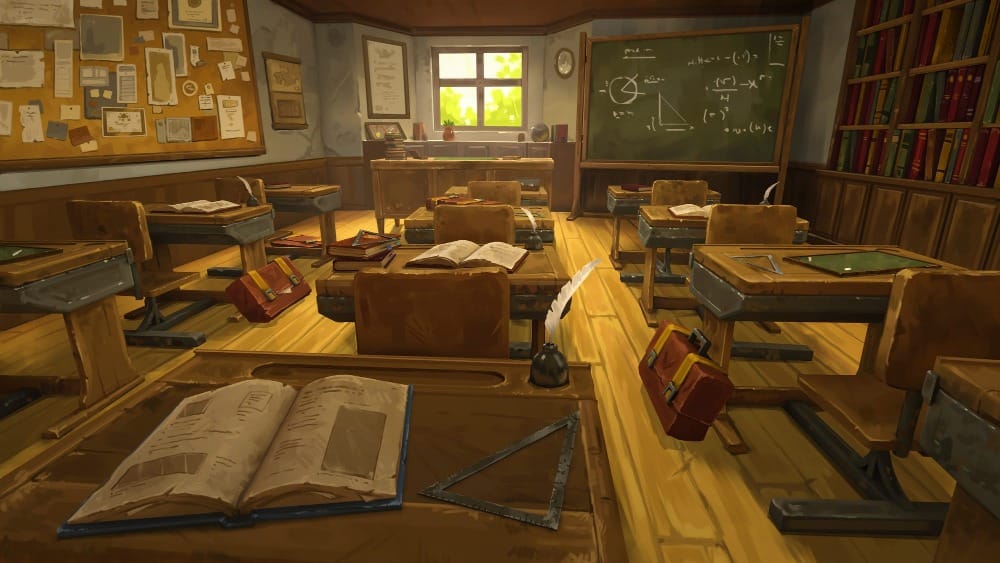 Animated illustrated scene of a cozy, simple classroom with wooden desks and scattered bags. A large bookshelf and corkboard covered with pinned notes line either side of the room, while a chalkboard filled with mathematical diagrams and a teacher’s desk sits at the front. Warm sunlight fills the room.