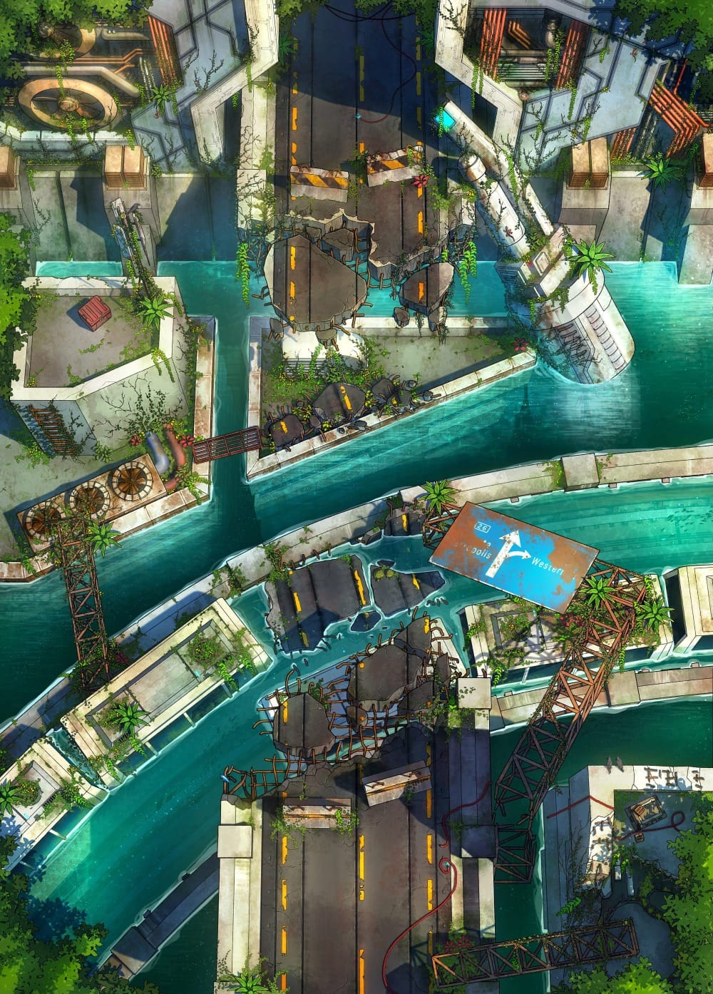 Top-down battlemap of a flooded, overgrown modern city. Asphalt streets marked with yellow lane lines crumble into subway tracks now filled with water, surrounded by collapsed machinery and debris. A faded blue road sign lies fallen across one of the streets.