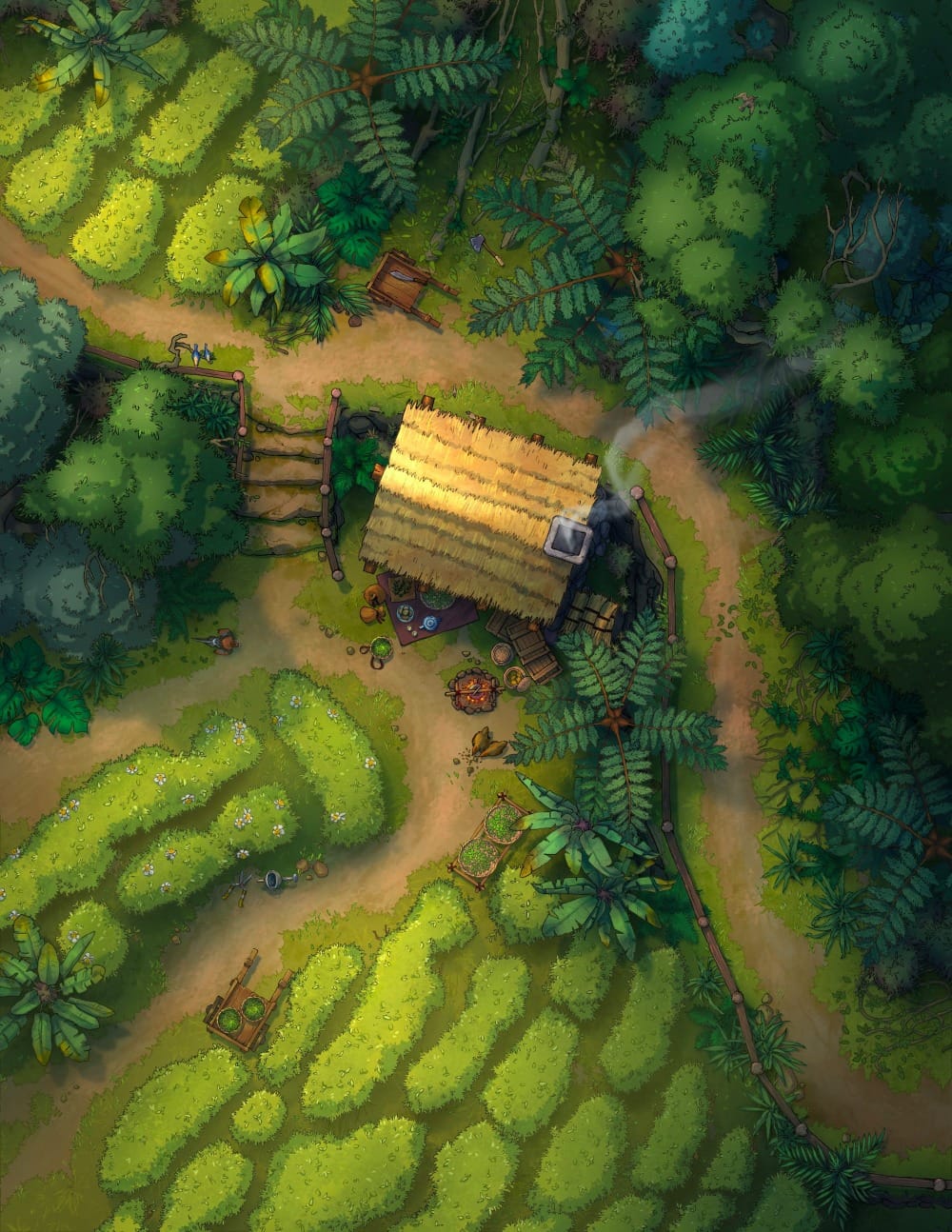 Top-down battlemap of a small cozy building with a thatched roof, set in the center of vast fields of tea. Winding dirt paths connect the teahouse to surrounding garden plots and dense tropical foliage.