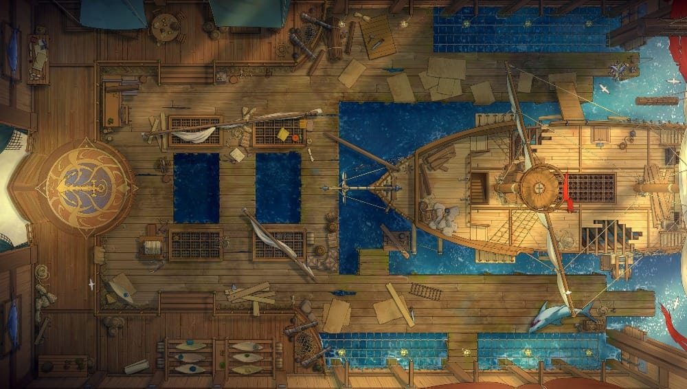 Top-down battlemap of a well-equipped wooden dock hidden within a large structure. A large sailing ship is docked amidst cannons, cargo crates, and supplies. At the far end, an ornate anchor emblem is set into the floor.