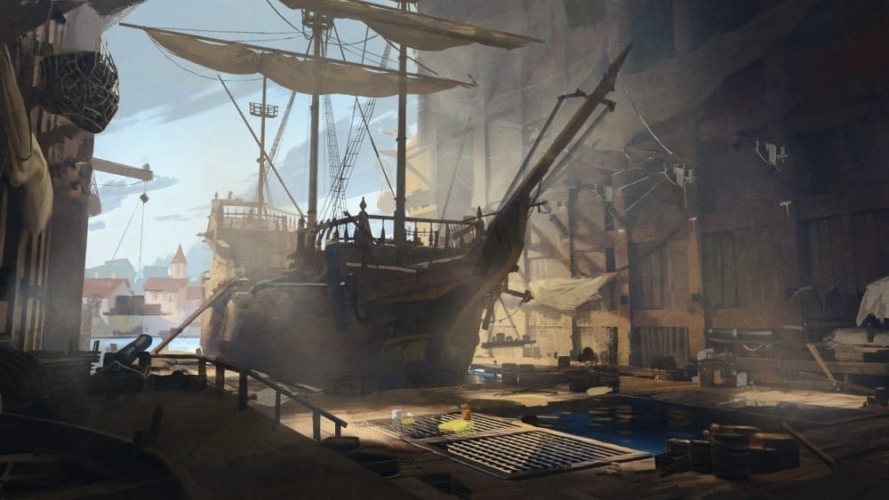 Illustrated scene of a large sailing ship docked inside a huge warehouse structure. Cannons, cargo, and other supplies line the walls. In the distance is the skyline of a medieval city.