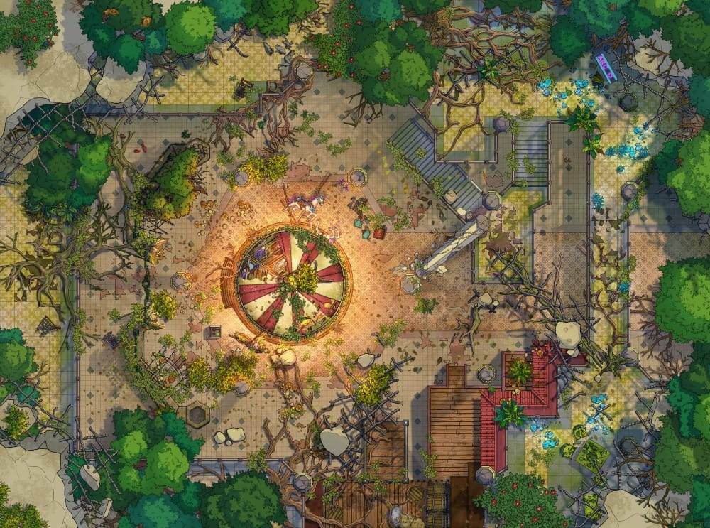 Top-down battlemap of an overgrown modern shopping mall ruin. A cracked central atrium is ringed by collapsed staircases and storefronts, all reclaimed by vines, moss, and trees. In the center is a merry-go-round carousel, still glowing faintly.