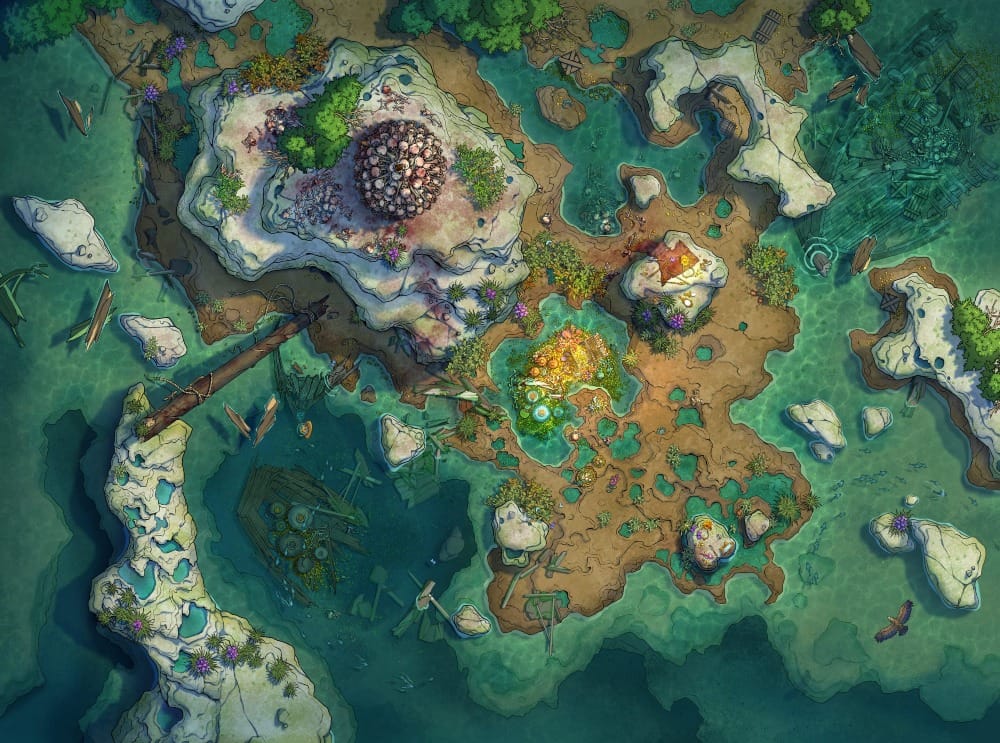 Top-down battlemap of a small rocky tidal island scattered with shipwreck debris and broken masts. A ritualistic monument built from several dozen human skulls stands on a rock formation.