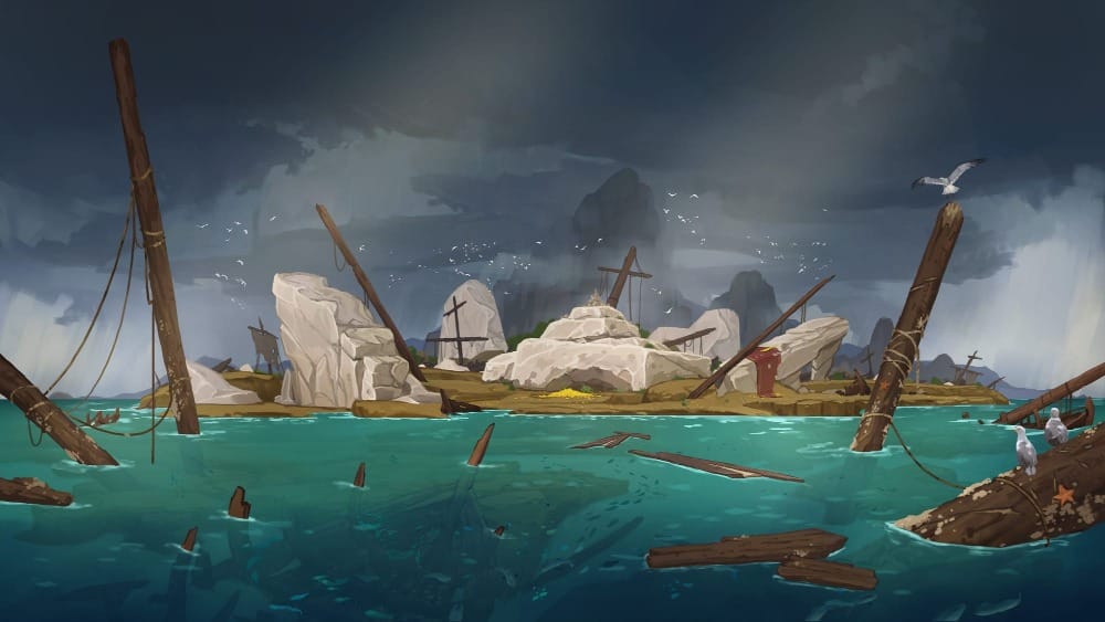 An illustrated scene of a shipwreck graveyard. Splintered masts, tattered sails, and debris jut from underneath waves, beneath a dark stormy sky.