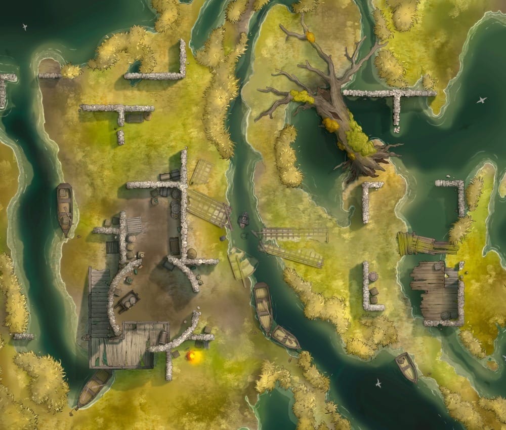 Top-down battlemap of ruined stone structures from a former settlement. Crates and supplies are stored structures. A lit campfire burns nearby. Rowboats are moored along the water’s edge.
