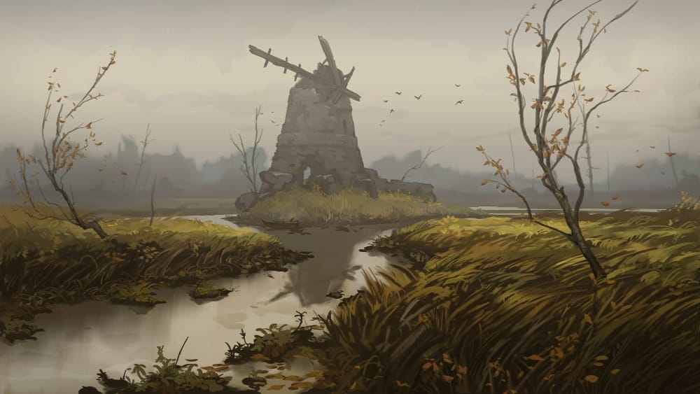 Illustrated scene of a ruined windmill standing in a foggy marsh, surrounded by bare trees and windswept grass. A narrow stream runs around it.