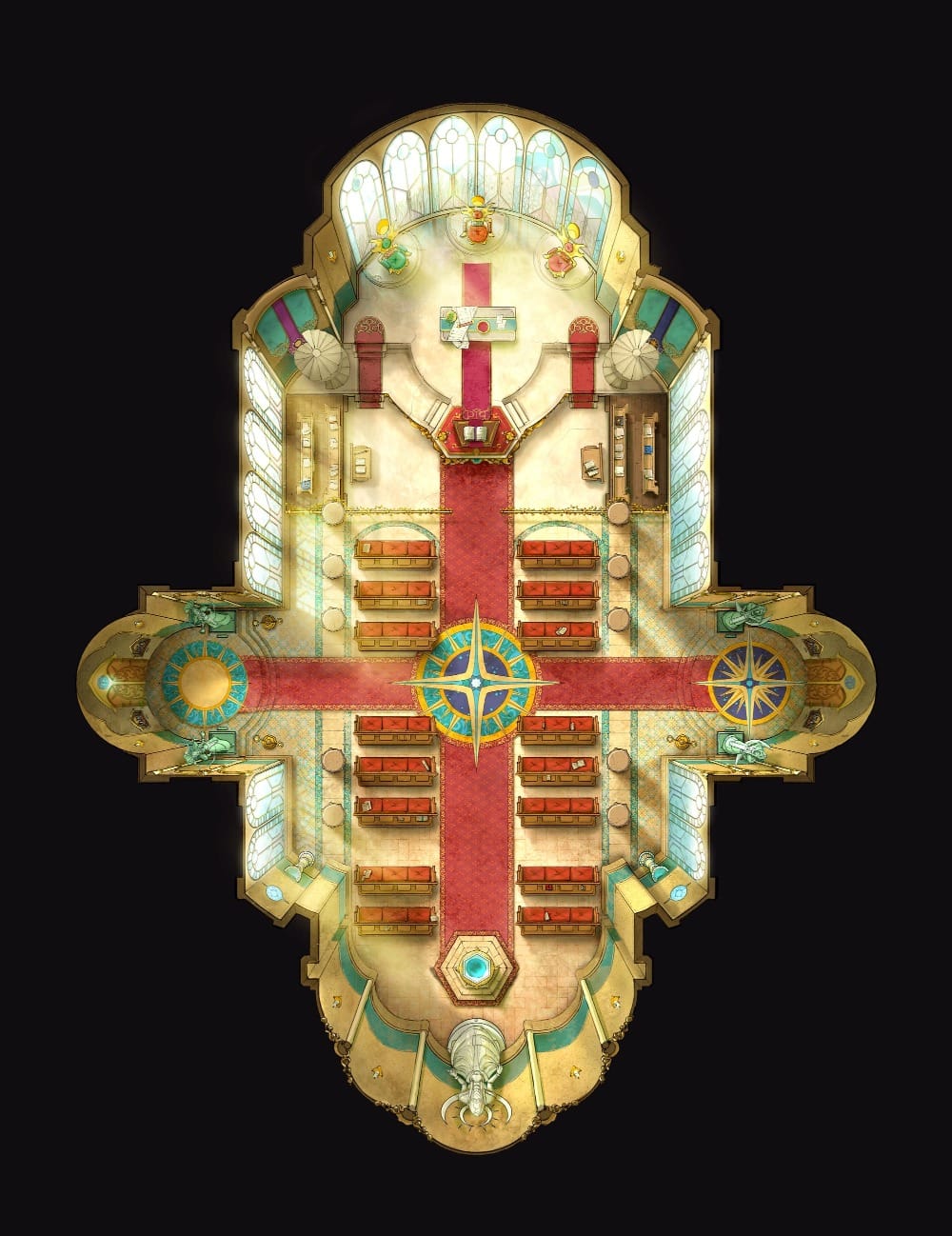 Top-down battlemap of a well-lit, cross-shaped cathedral with red carpeted aisles converging on a central sun-compass pattern. Rows of cushioned pews face an apse holding a lectern, lit by an arched stained-glass alcove.