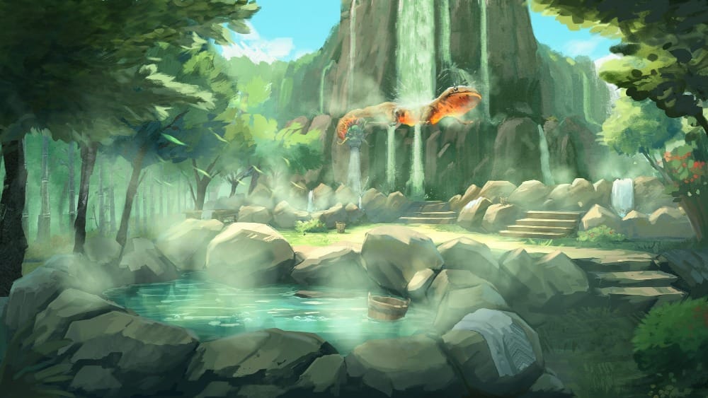 Illustrated scene of a series of terraced hot spring pools nestled in the middle of a dense forest. Wooden pails float in the pools, and a series of carved stone stairs lead towards a waterfall, under which a massive orange salamander is lounging.]