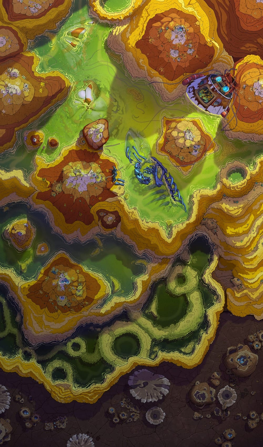 Top-down battlemap of an alien planetary surface with glowing yellow terrace pools of sulphuric geothermal hot springs. Amid the pools sits a crashed futuristic spacecraft pod, alongside a half-dissolved blue insectoid creature.