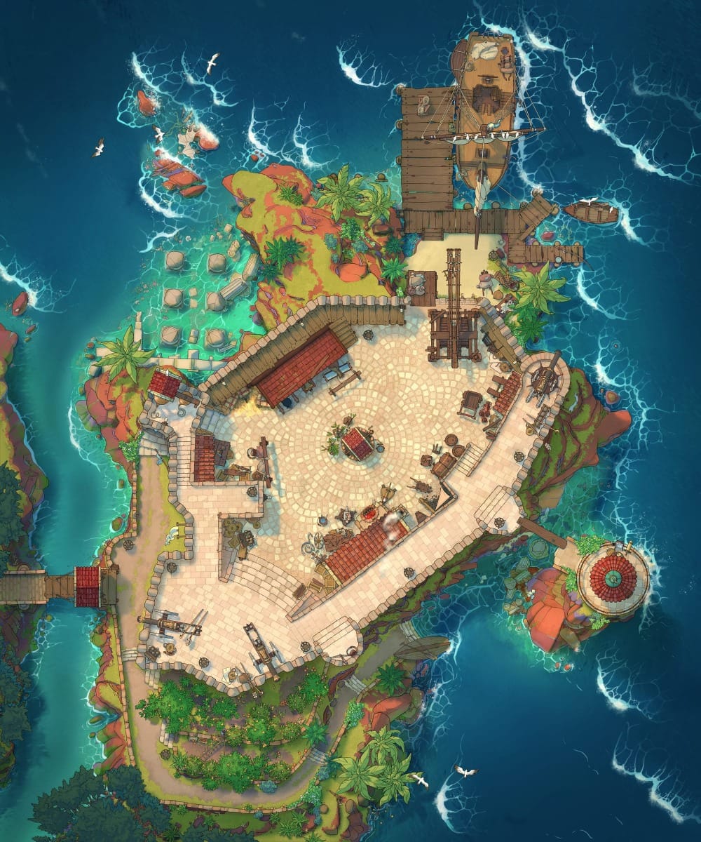 Top-down battlemap of a stone coastal fortress built on a small island with tropical foliage. The fortress’ central courtyard is filled with supplies, cannons line the walls, and a small sloop sits docked at its pier.