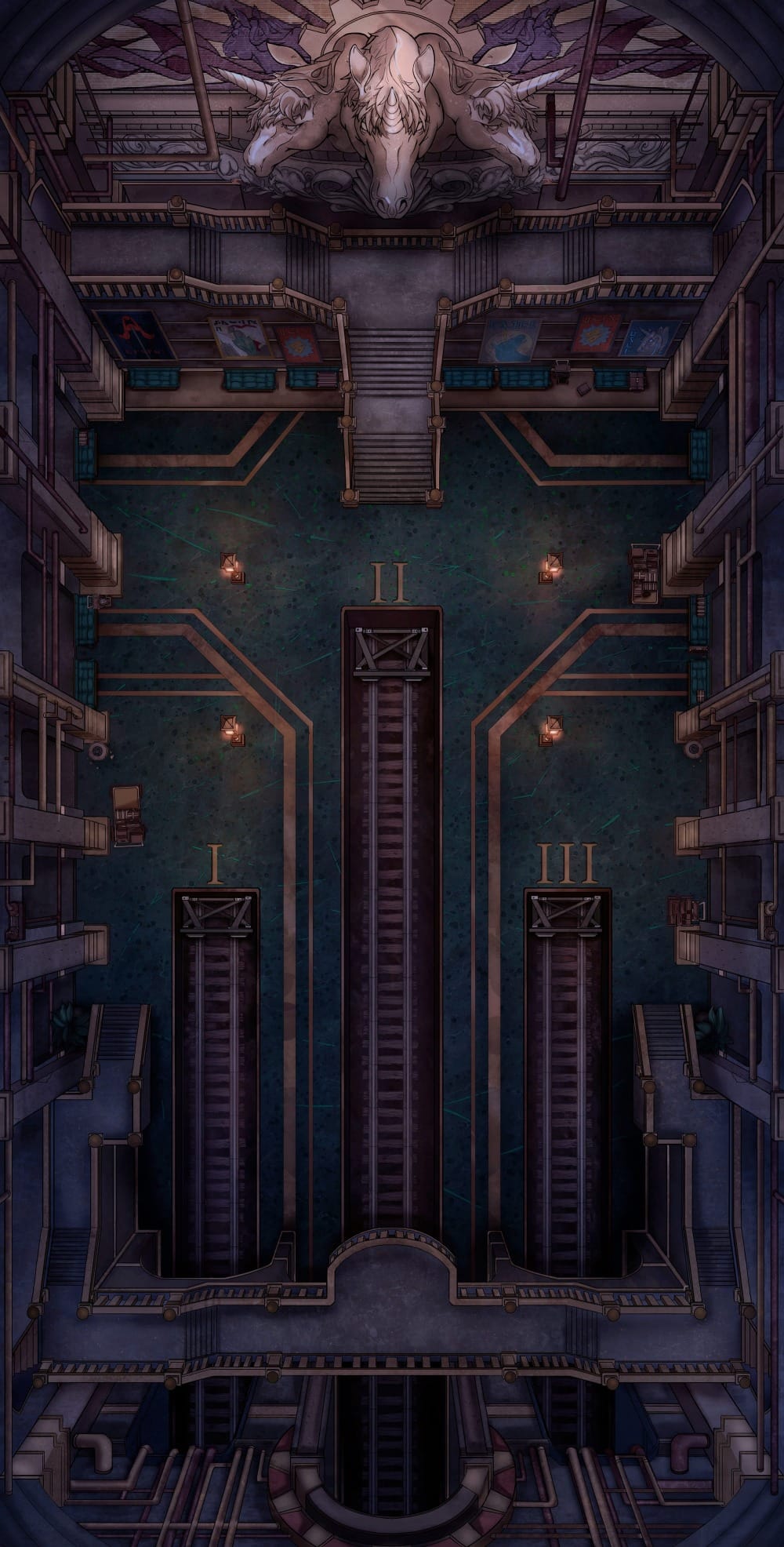 Top-down battlemap of an empty train station platform with multiple rail tracks cutting across dark green marbled floors. Tall stone archways trimmed in gold rise overhead, giving the steampunk architecture an ornate, cathedral-like scale. Three unicorn-head statues keep watch over the platform from a raised dais at the far end.