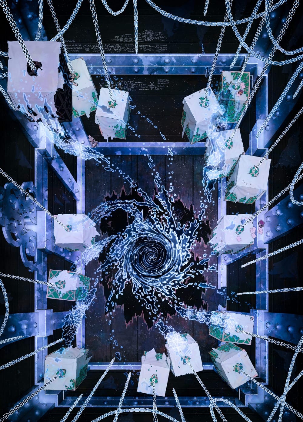 Top-down battlemap of a pitch-black chamber suspended in a surreal void, with empty white cages dangling from heavy chains overhead. At the center, a swirling vortex tears through the floor, seemingly draining the color from the environment.
