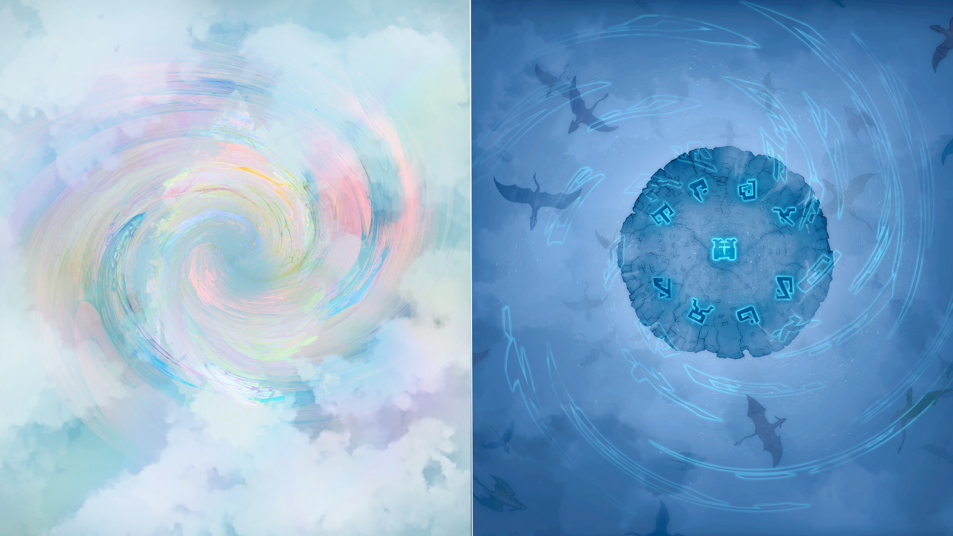Two battlemaps spliced side by side: on the left, a pastel swirling portal hangs in high clouds; on the right, a horde of dragons circles a rune-carved floating stone platform high in the sky.