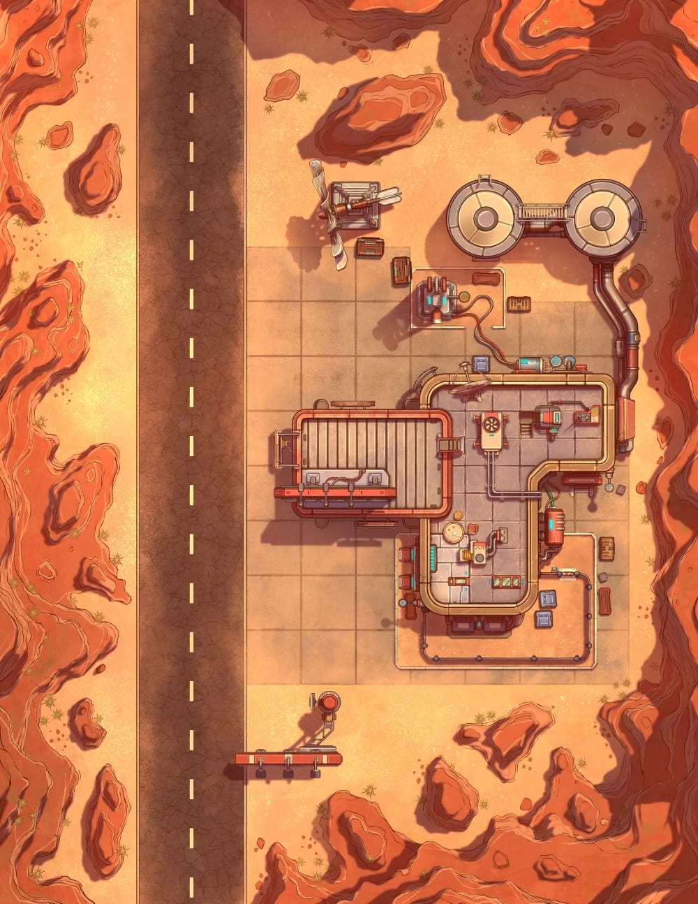 Top-down battlemap of an isolated fuel station beside a desert highway. A fuel pump sits alongside storage tanks, sci-fi machinery, and a small service building atop a concrete forecourt, surrounded by rocky orange wasteland.