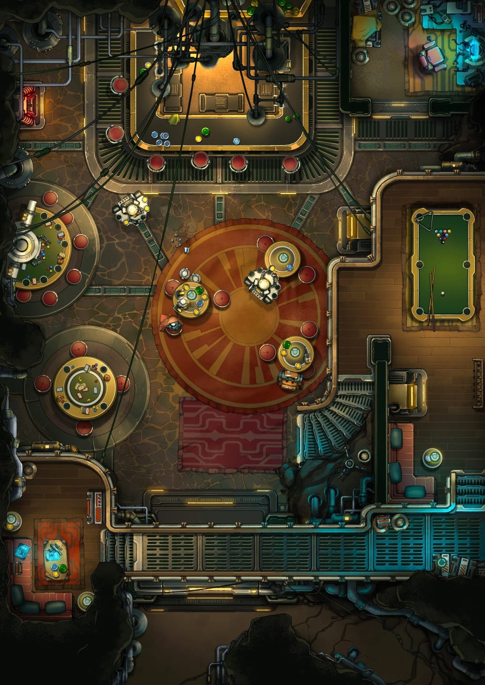 Top-down battlemap of a dim industrial tavern with several circular tables, some of which are set up for gambling games. The taproom is surrounded by pipes, wiring, and metal walkways. A pool table, private booths, and a small office fill the surrounding rooms.