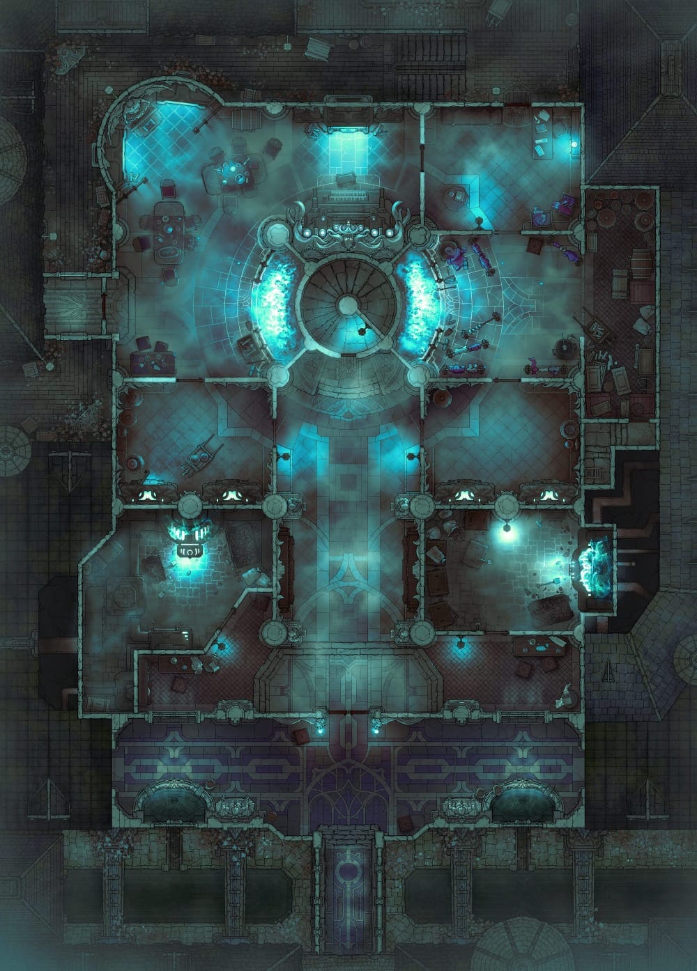 Top-down battlemap of a large stone monastery interior filled with living quarters and side rooms arranged around a central staircase and hearth. The flames in the fireplace burn with a spectral blue glow, while ghostly mist spreads throughout the darkened rooms.
