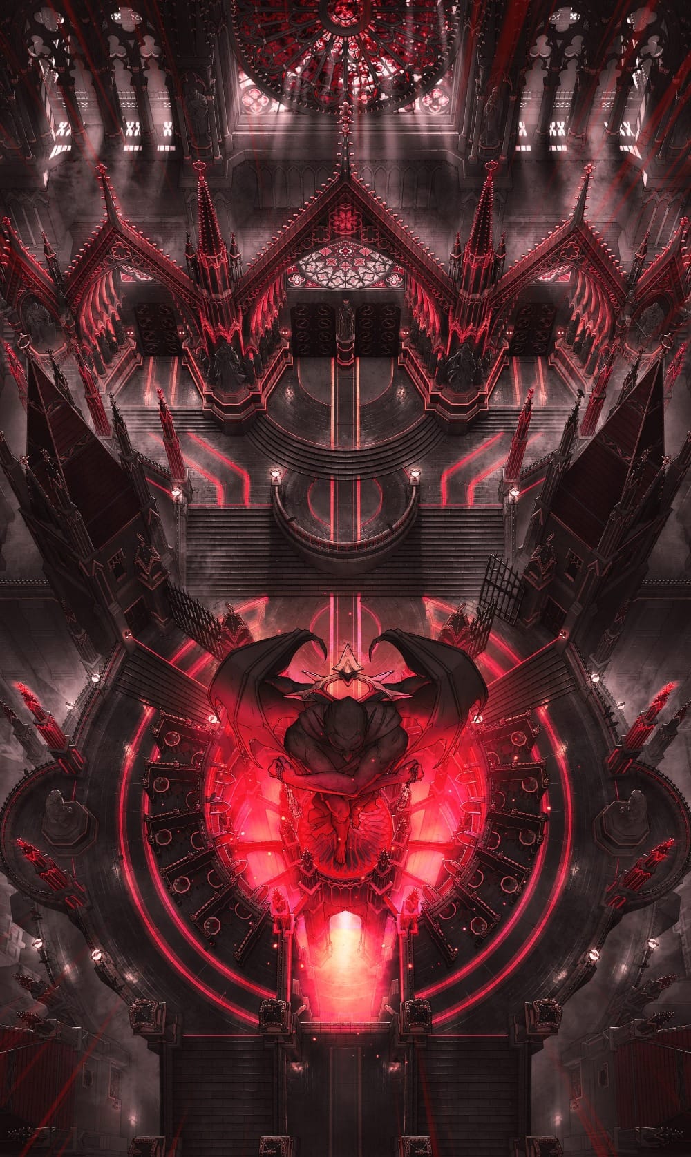 Top-down battlemap of an enormous black gothic cathedral illuminated by vivid crimson light. Stone staircases and circular platforms rise around a huge central winged statue, while ritual bloodletting chambers arranged around it drain into a blazing channel of red light around the figure.