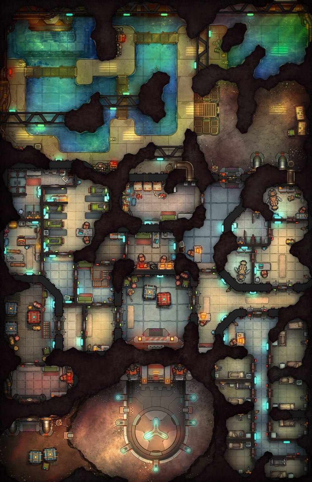 Top-down battlemap of a sprawling subterranean sci-fi complex built into several natural caverns. Tiled rooms and narrow corridors contain machinery, storage, and living areas. A large gated entrance chamber sits to the left, while several channels and pools filled with clean turquoise water sit to the right.