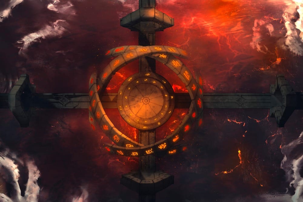 Top-down battlemap of a massive circular stone structure resembling an armillary sphere half-buried in the ground, etched with glowing red runes and surrounding a central stone platform. Four pathways extend outward from it in a crossroad pattern, leading to empty stone portals. Fiery light glows through fissures in the ground throughout.