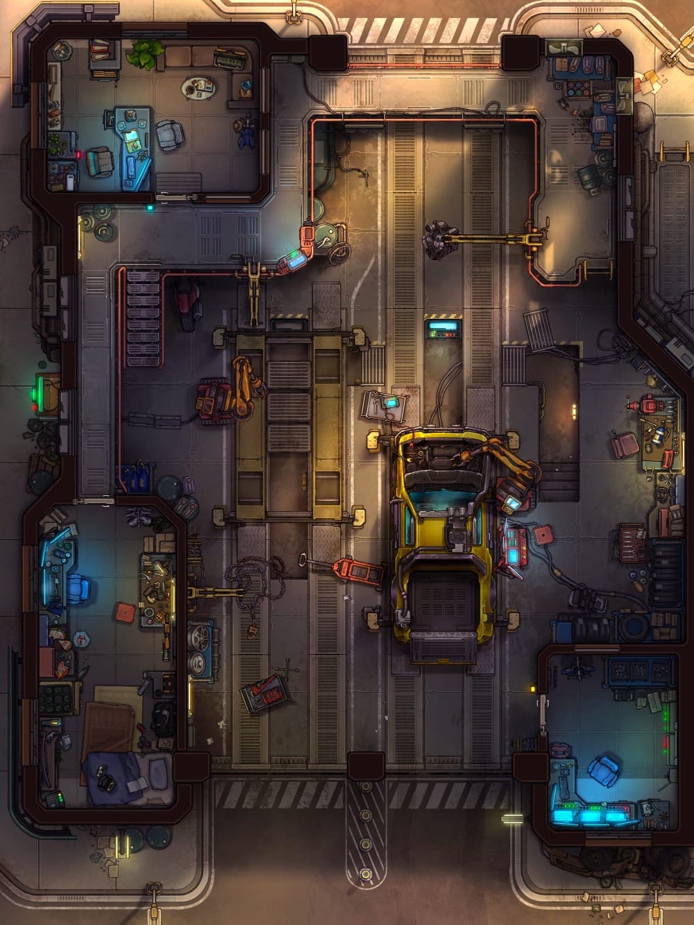 Top-down battlemap of a futuristic vehicle chop shop. A central garage holds a partially disassembled car, surrounded by equipment and robotic arms. The surrounding workshops, security camera room, and offices are filled with tools and clutter.